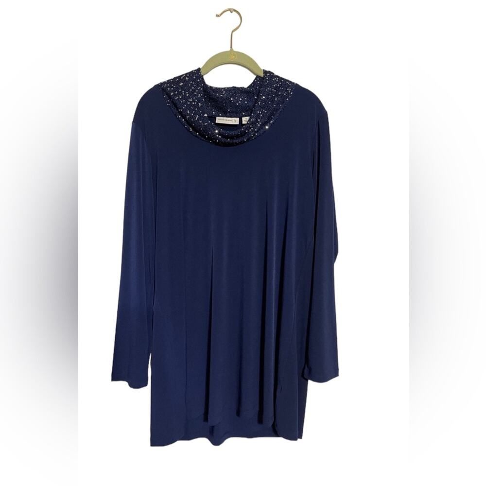Susan Graver Womens Long Sleeve Silver Sequin Cowl Neck Tunic Top Blue MED